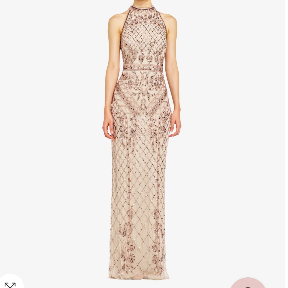 ADRIANNA PAPELL • grey/silver mock neck beaded column dress